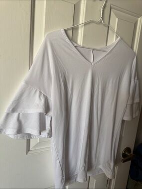 Women’s White V-Neck Ruffle Sleeve Tee